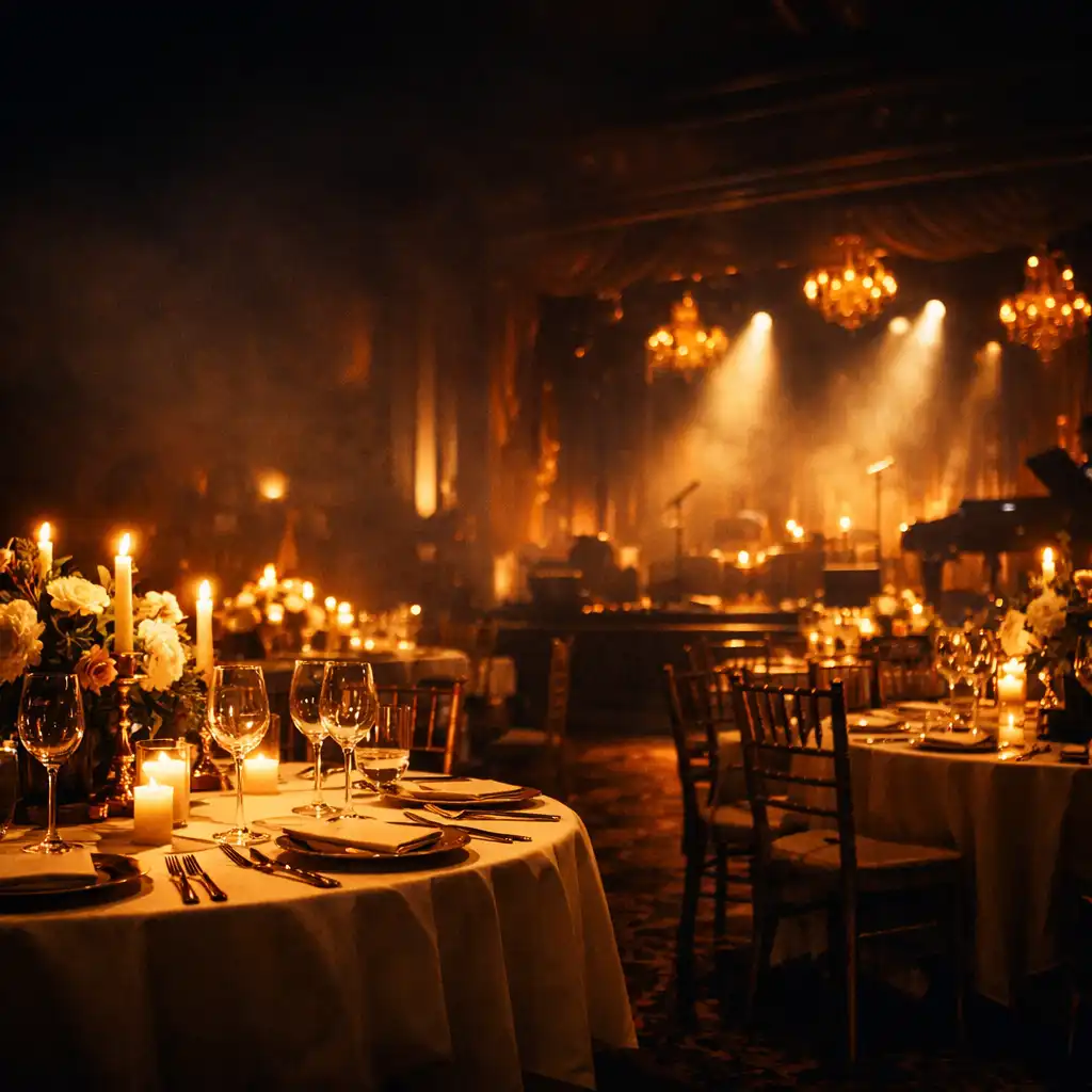 Opulent London event space with candlelit tables and a softly lit stage