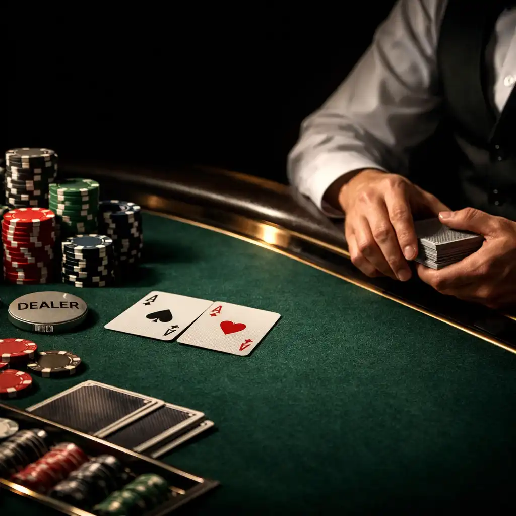 Close-up of a professional poker table with chips, cards, and a dealer's hands
