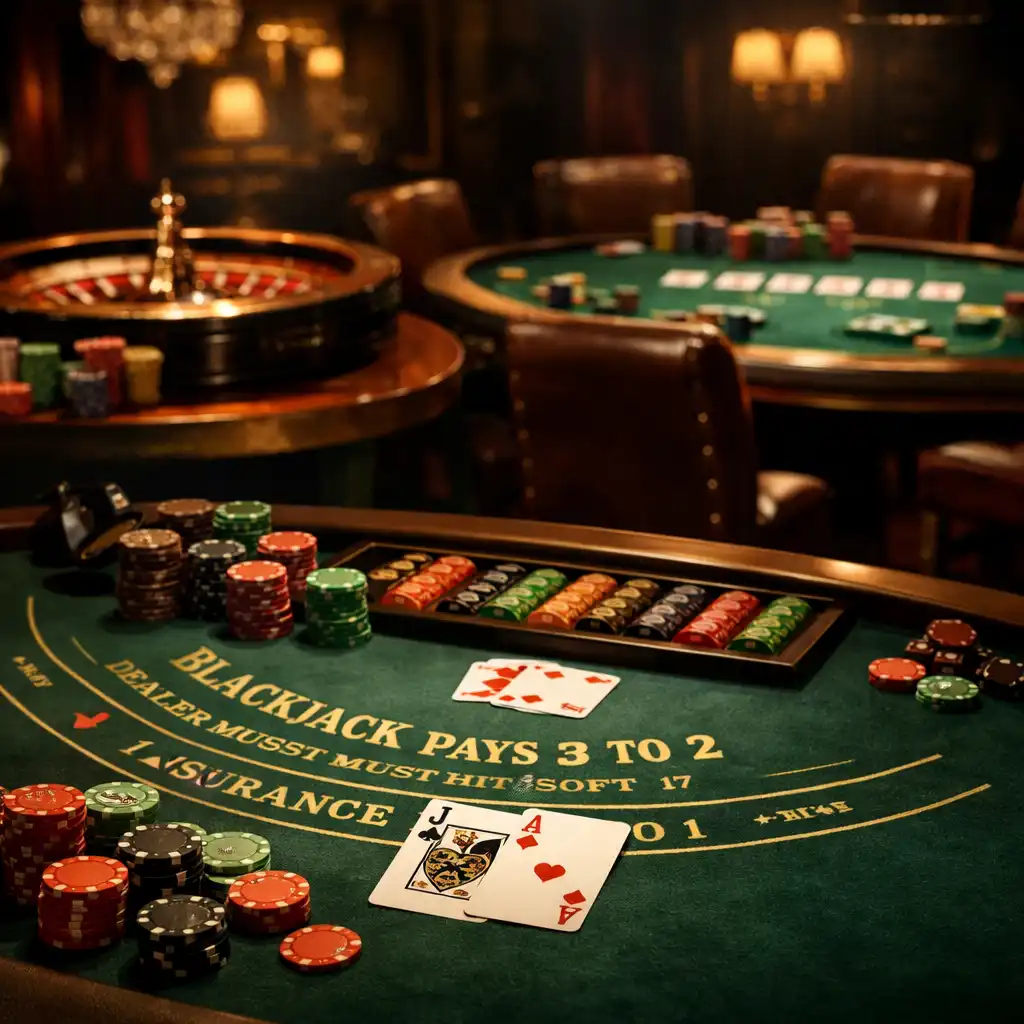 Dramatic casino table setup featuring blackjack, roulette, and poker tables