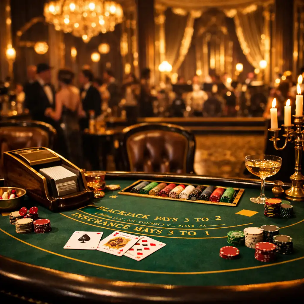 1920s Great Gatsby inspired event space with vintage blackjack table and art deco details