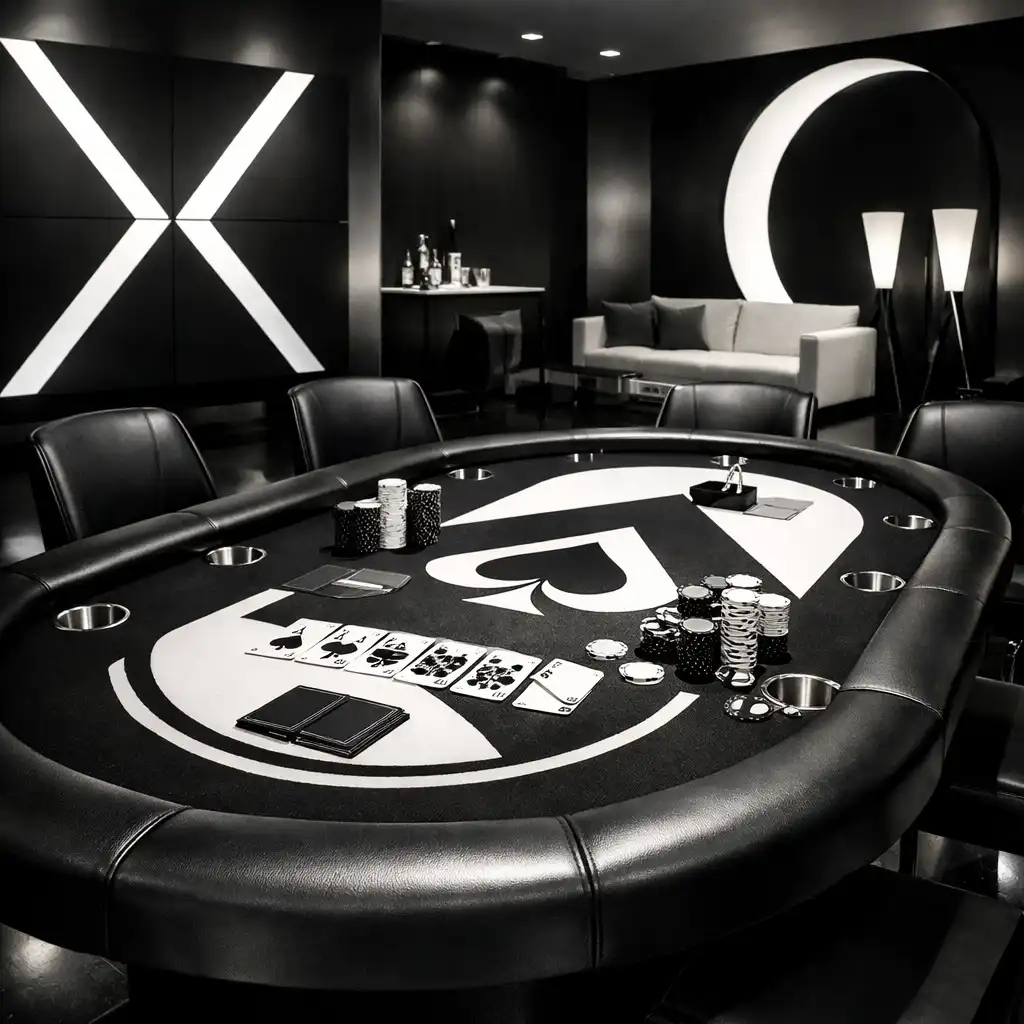 Sleek monochrome event space with minimalist furniture and custom poker table