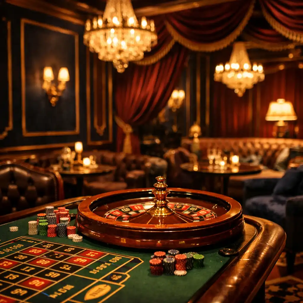 Opulent private gaming club with velvet drapes, deep blue walls, and roulette table
