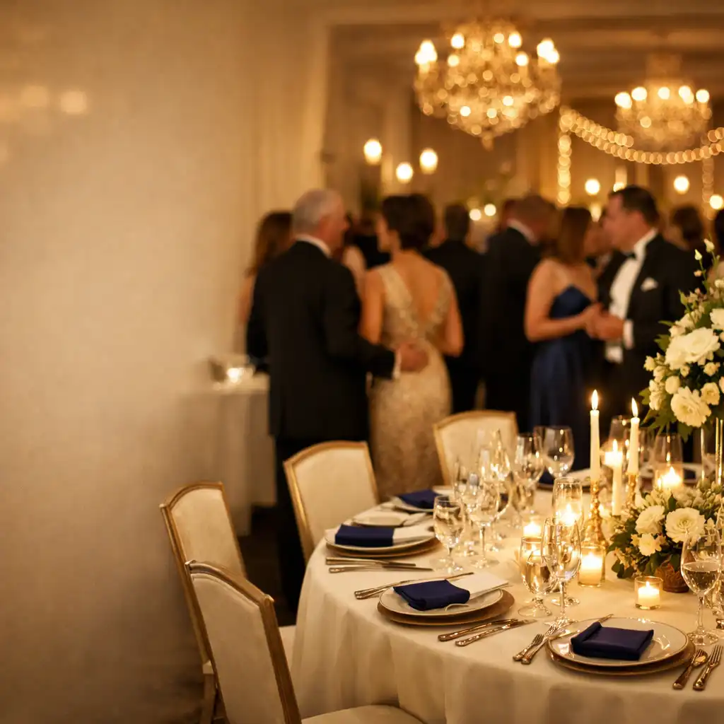 Elegant event space with warm lighting and guests in formal attire