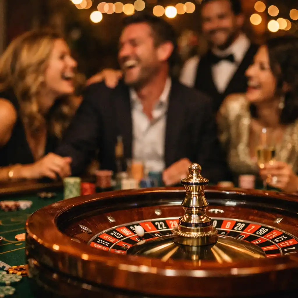 Candid moment of guests laughing around a roulette table at a private party