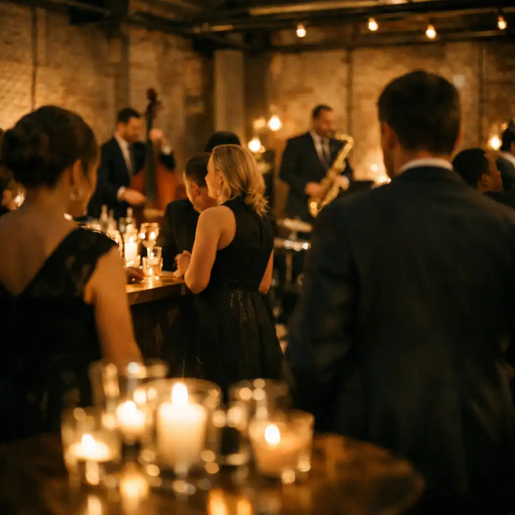 Guests mingling at a candlelit evening event in a raw industrial space
