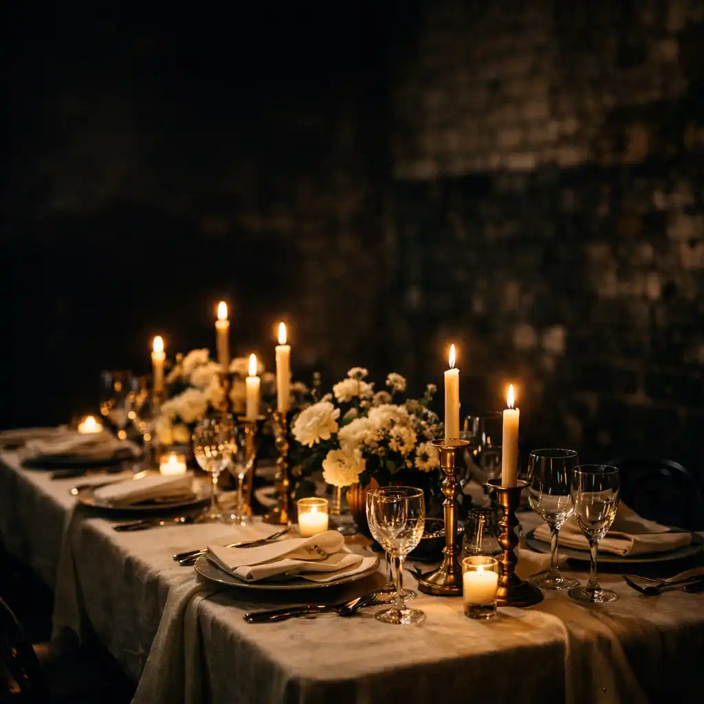 A candlelit event table with ivory linen and brass candlesticks in a dark London warehouse