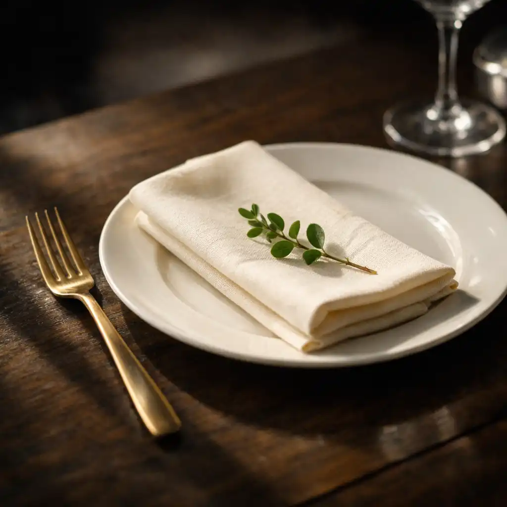 A single place setting with a folded napkin and brass fork on a dark wooden table