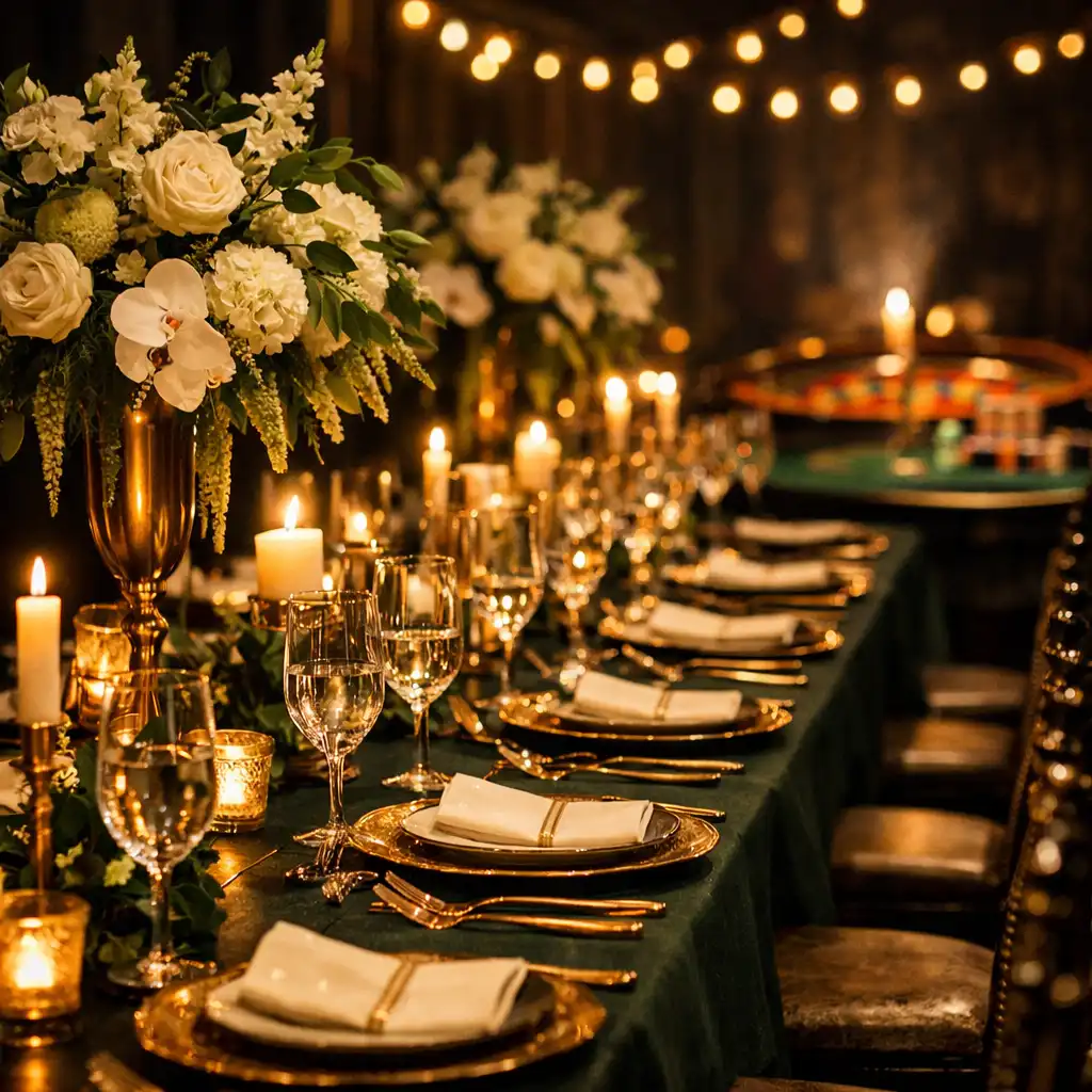 High-end event setup with a long banquet table, crystal glassware, and floral centrepieces