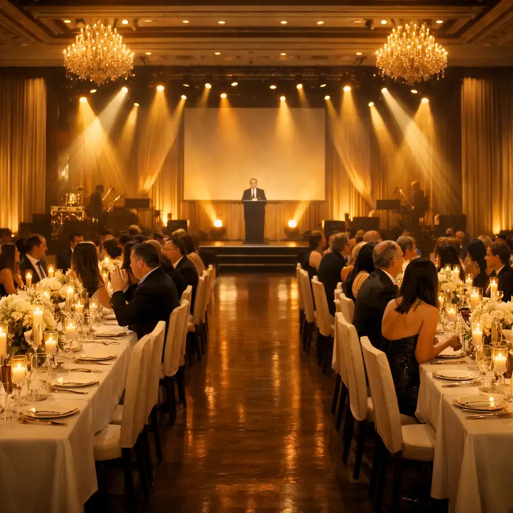 Corporate gala dinner in a grand ballroom with long tables and stage lighting
