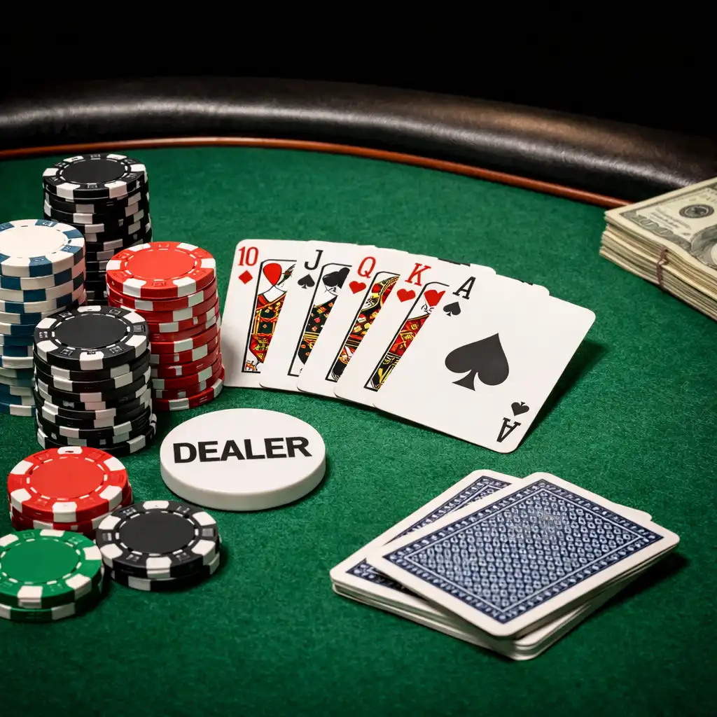 Professional poker table setup with chips and playing cards