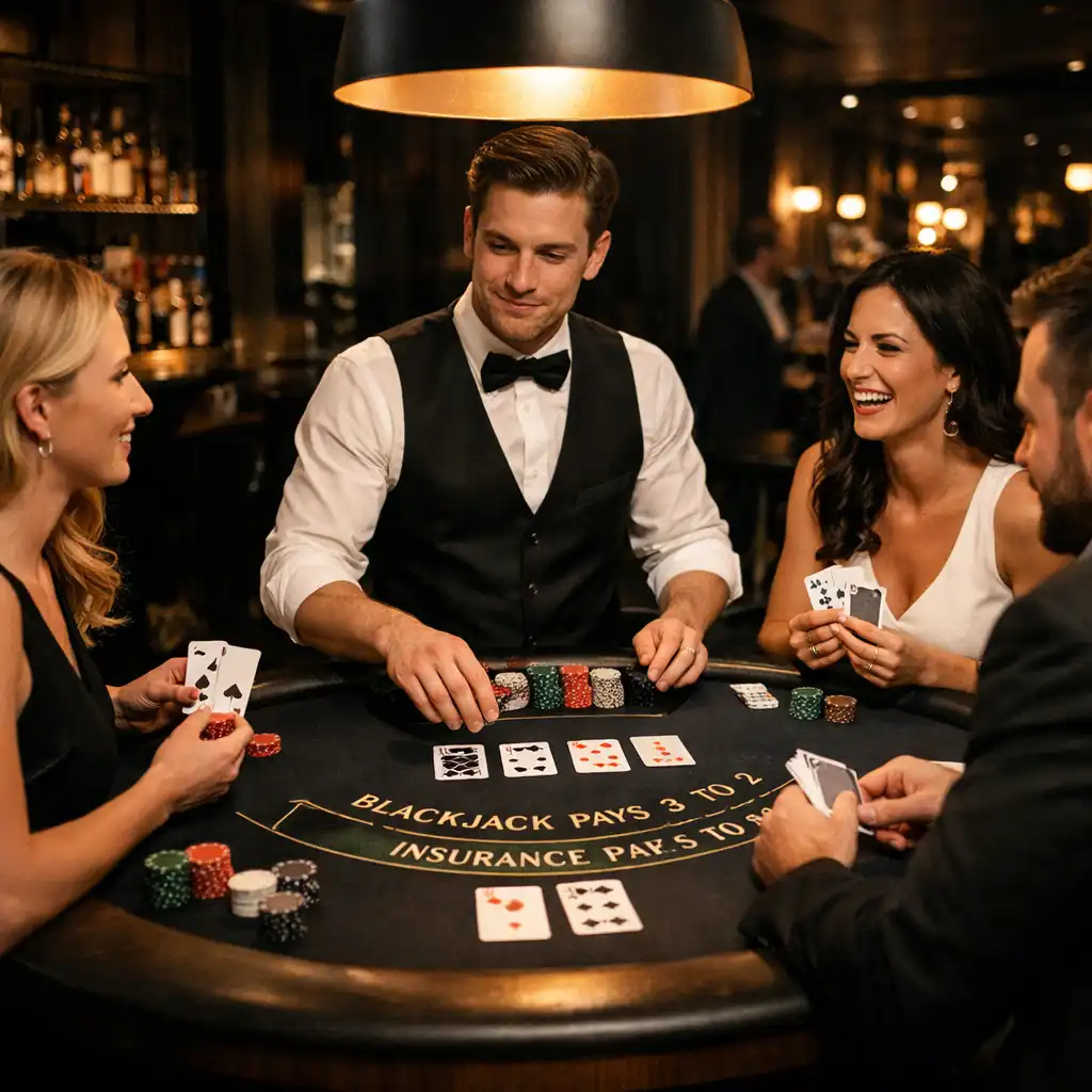 Guests playing blackjack in a stylish lounge with a dealer
