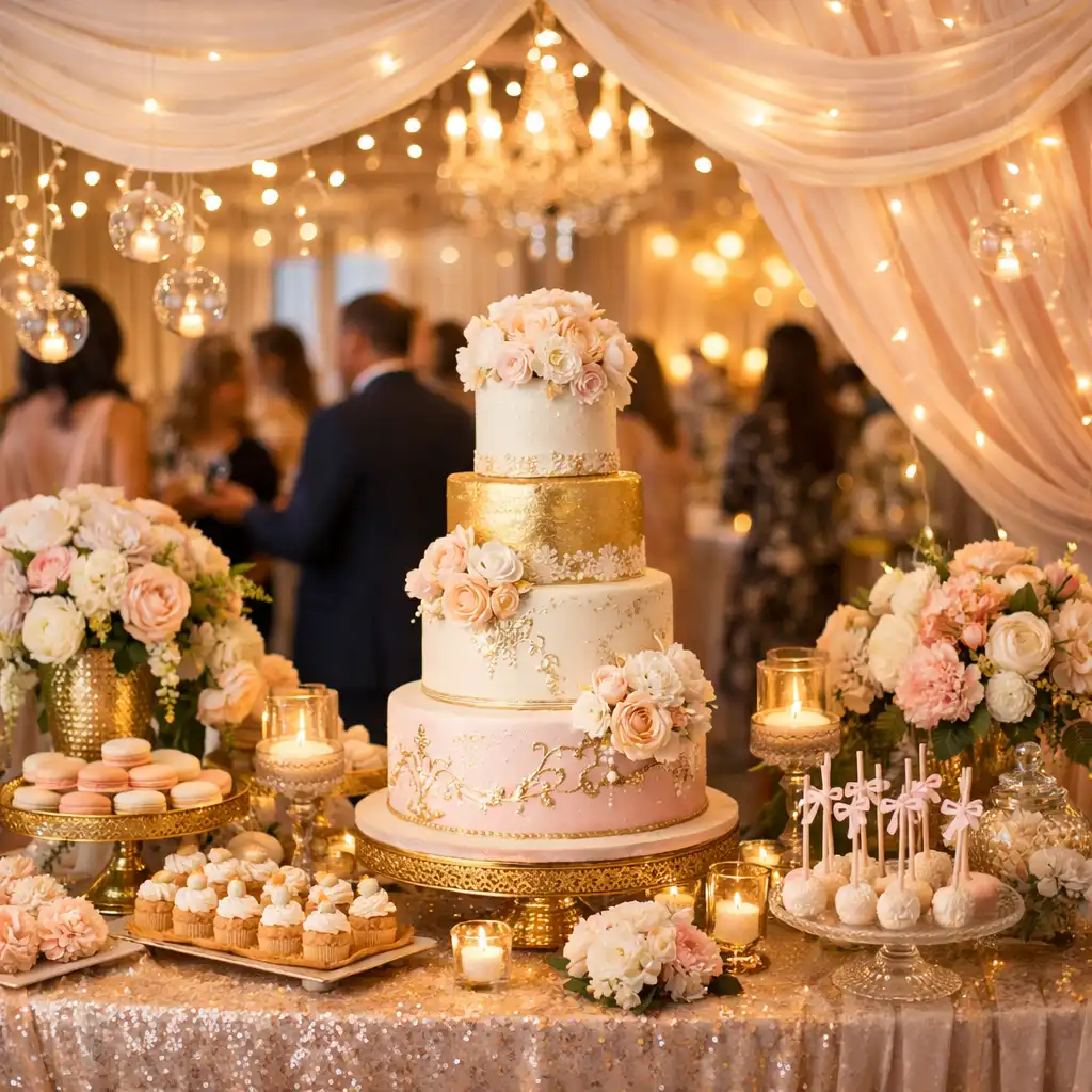 Bespoke private party styling with draped fabric and an elaborate dessert table