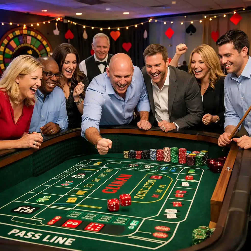 Corporate team-building event with employees gathered around casino games