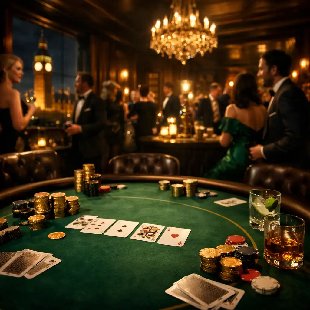 A luxurious private event space in London with a poker table in the foreground, golden chips, and elegantly dressed guests under warm ambient lighting
