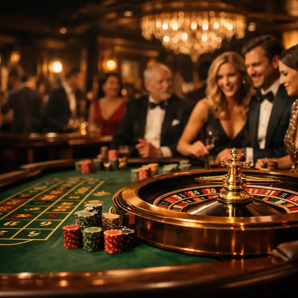 Guests gathered around an elegant roulette table at a Galaferon event