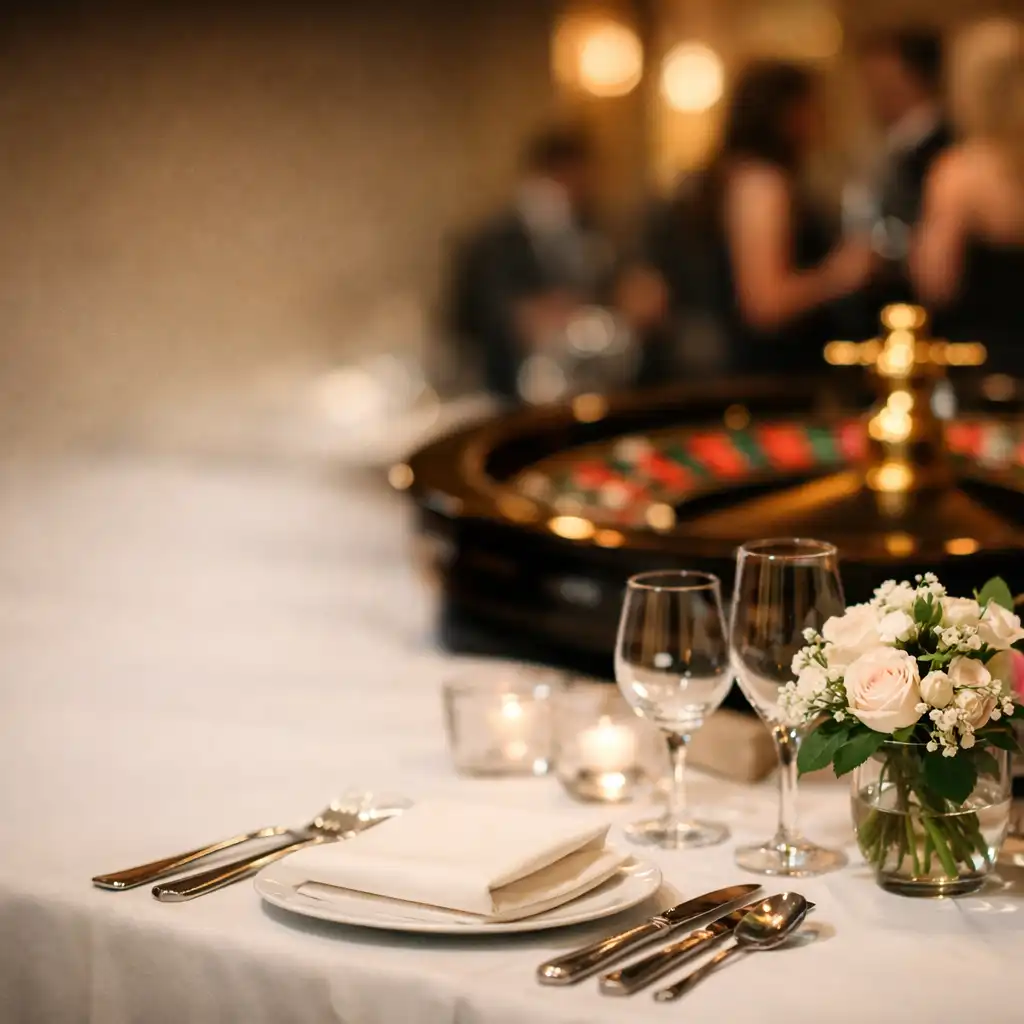 Elegant event table with white linens and a blurred roulette wheel in the background