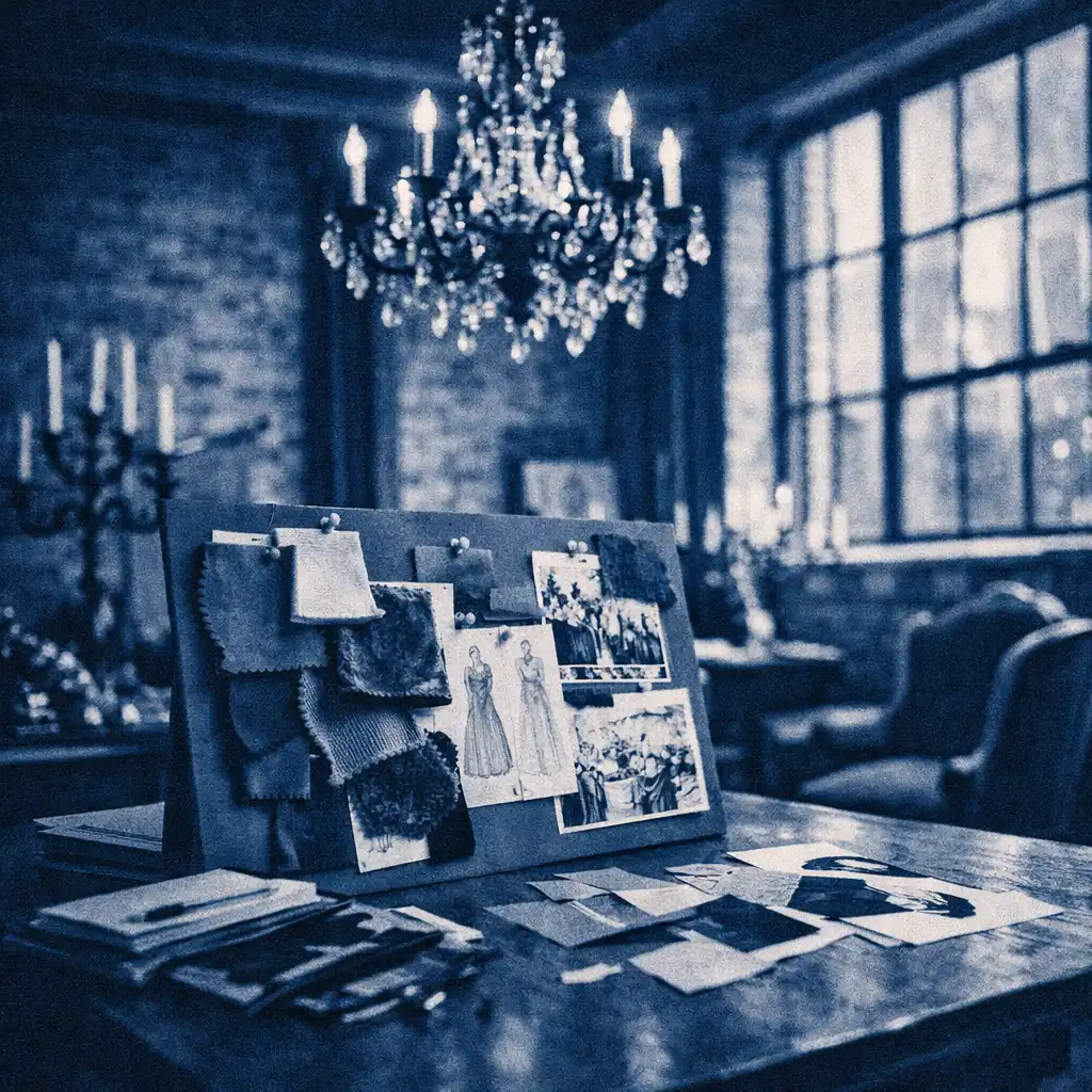 Creative studio interior with exposed brick, mood boards, and event sketches