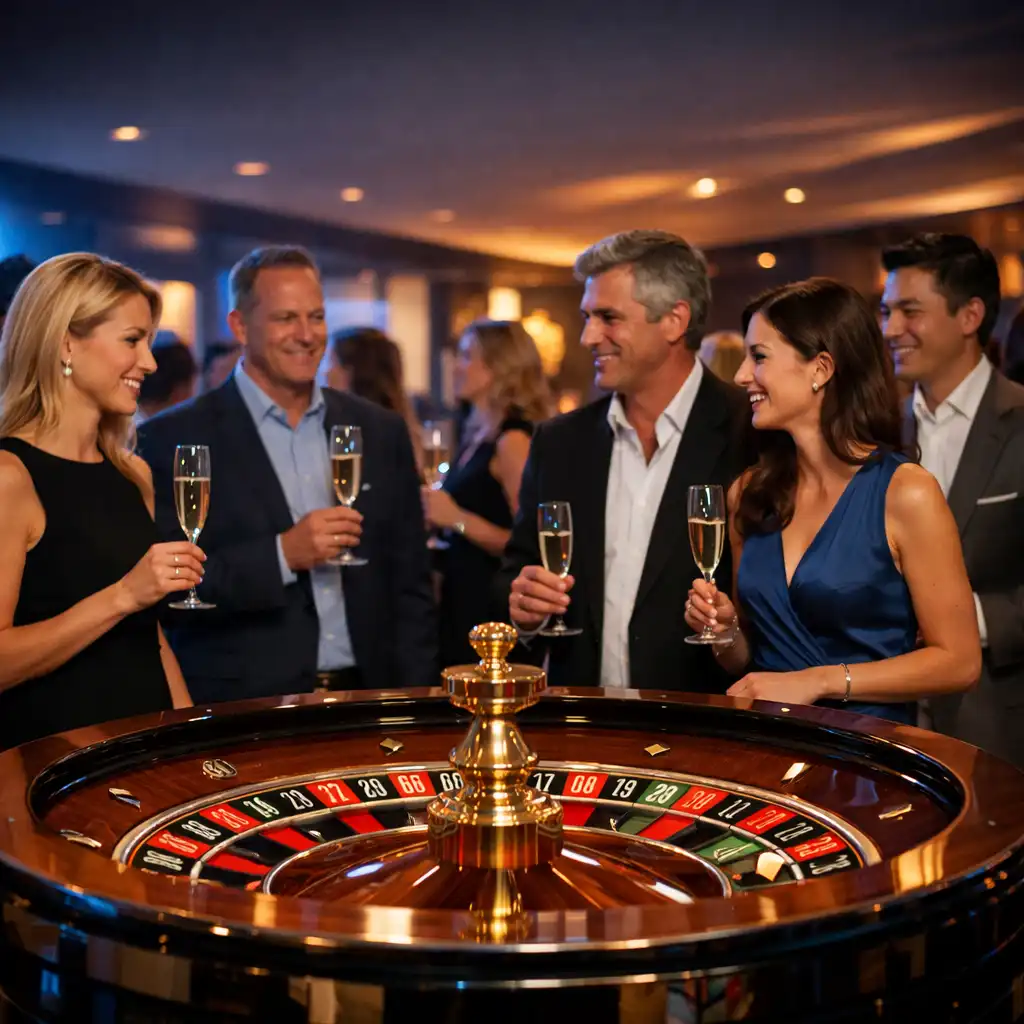 Corporate evening with a roulette wheel centrepiece and guests holding champagne