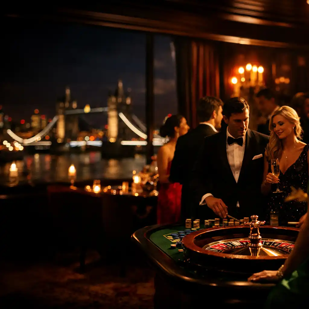 Luxurious London event space with guests mingling near a roulette table at night